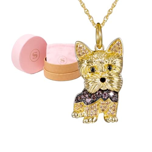 SCAMPER & CO Yorkshire Cubic Zirconia Puppy Charm Pendant Necklaces for Women - Genuine Gemstone with Elegant Backplate, 18K Yellow Plated Sterling Silver Necklace for Women Easy Closure 18 inch