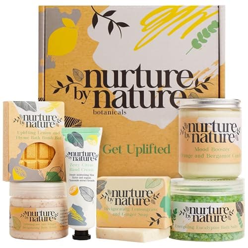 Nurture by Nature RELAX & UPLIFT Spa Kit for Women – Birthday Gifts for Women – 6 Piece Gift Basket with Hand Soap, Body Scrub, Hand Cream & More - Vegan Self Care Kit - Relaxation Gifts for Her