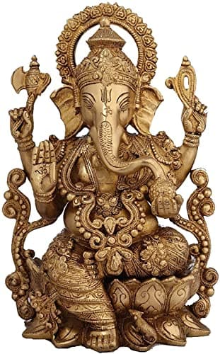 Lord Ganesha Brass Statue Sitting On Lotus mangalkari Ganesh, Decor India Mangalkari Ganesha Statue On Ganesha Height - 12 in , Gold