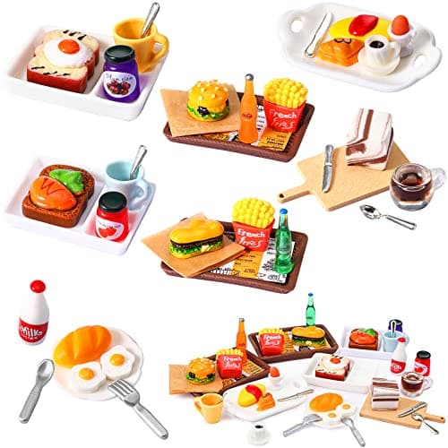 38 Pcs Miniature Food Toy Miniature Doll House Accessories Miniatures Play Sets Small Doll Food Dollhouse Foods, Hamburger Fries Soda Milk Juice Fast Foods Set for Pretend Kitchen(Fresh Style)