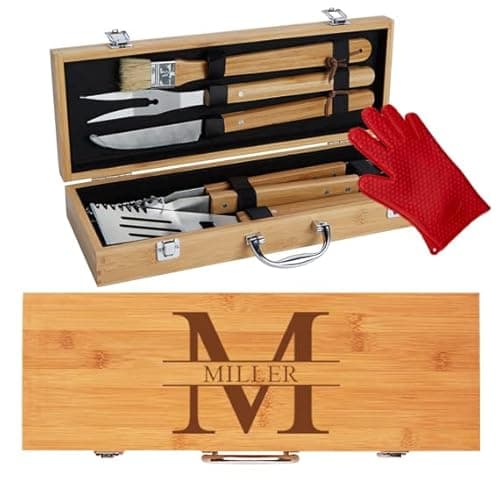 Personalized Custom BBQ Grill Set, Gift for Dad Husband - Engraved 10 pc Set with Grilling Tools