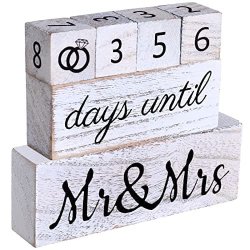 Bucherry Set of 6 Wedding Countdown Calendar Wooden Blocks Engagement Gifts for Couples Bride to Be Rustic Mr Mrs Gifts for Bridal Shower Engagement Party Decor(White)