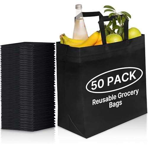 Simply Cool 50 Pack Black Reusable Eco-Friendly Large Grocery Shopping Bags 14.5"x14"x6.6" Durable Recyclable Washable Foldable Portable Tote Bags Bulk
