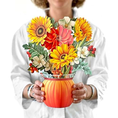 Freshcut Paper Pop Up Cards, Pumpkin Harvest, 12 Inch Life Sized Forever Flower Bouquet 3D Popup Greeting Card, Autumn Cards, Birthday Card, Blank Notecard & Envelope