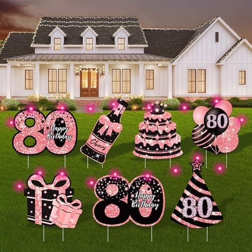 80th Birthday Decorations for Women - 7 Pcs Black & Pink Birthday Yard Signs with Stakes, 2 Pcs LED Lights, Sparkling at Night, Weatherproof, Perfect Outdoor Lawn 80th Decorations