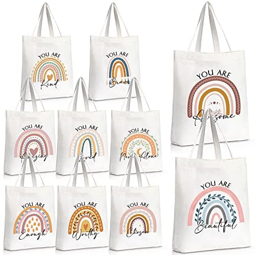 Sieral 10 Pcs Thank You Gifts: Canvas Tote Bags with Zipper, Inspirational Quotes, Teacher Employee Appreciation Gift(Rainbow)