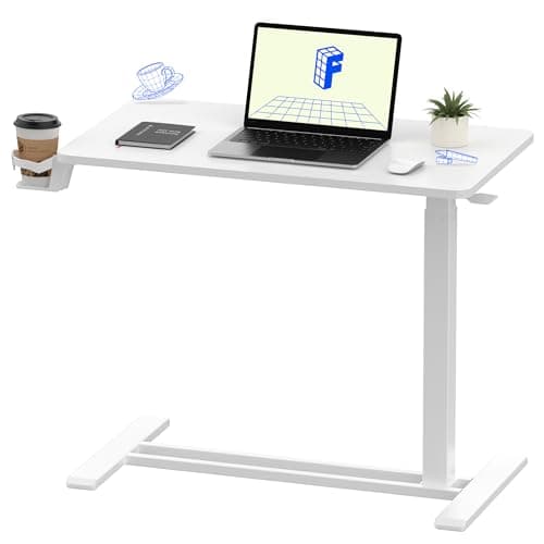 FLEXISPOT H7 Adjustable Overbed Bedside Table with Wheels Pneumatic Mobile Standing Laptop Desk Rolling Computer Cart Movable Overbed Table Hospital Home Use (31.5" W x 17.7" D, White Large)