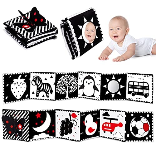 Thremhoo Black and White High Contrast Baby Toys 0-6 Months Soft Book for Brain Development, Tummy Time, Sensory, Montessori Learning Activities