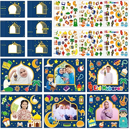 Funrous 24pack Ramadan Craft Kit for Kids Eid Mubarak DIY Picture Frame with 720pcs Mosque Scene Stickers for Eid Al Adha Decorations Kids Ramadan Party Toys Class Activities Games(Blue)