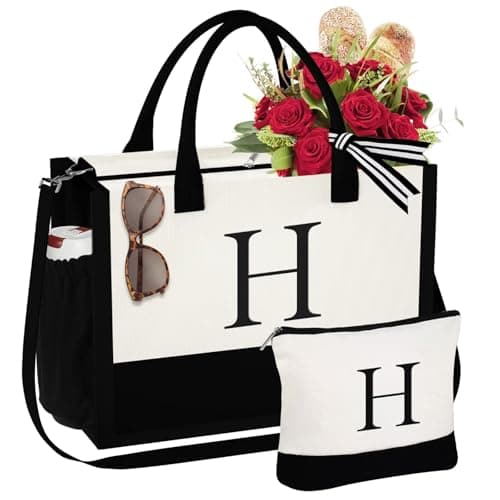 YOOLIFE Sister Gifts - Sister Birthday & Christmas Gifts | Initial Canvas Tote Bag & Makeup Bag Letter H