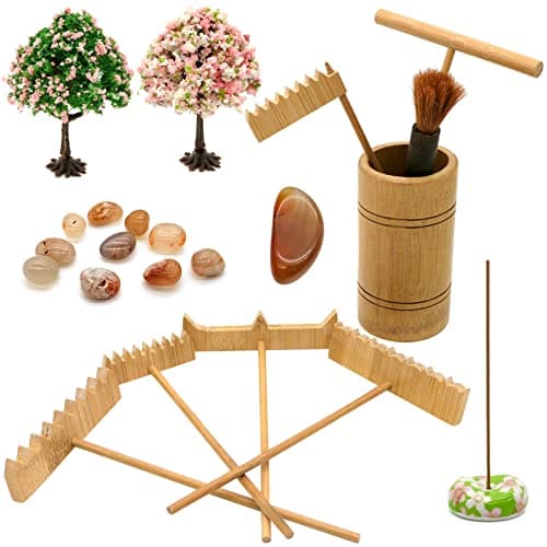 Zen Garden Rake Tool Accessories - Japanese Sand Zen Bamboo Rakes Tools Set, Office Relaxation Gifts with Healing Stones Zen Garden Decor for Man Woman Father Mother Birthday Gifts