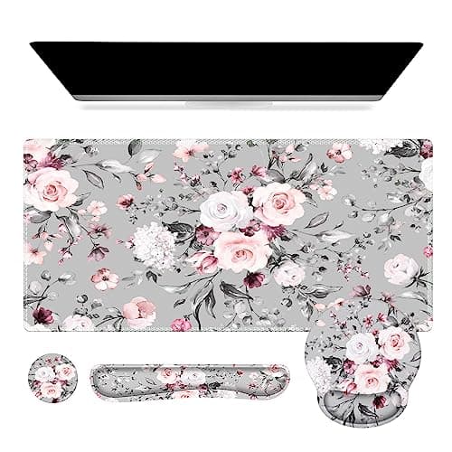 iCasso Large Mouse Pad Wrist Support Set, 4in1 XXL Big Mousepad + Keyboard Wrist Rest + Mouse Wrist Rest + Coaster Set with Ergonomic Design Gaming Mat for Home Office Table Computer - Pink Floral