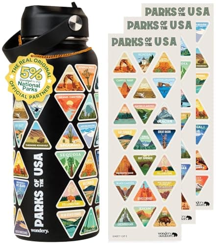 Wondery Parks of the USA® Water Bottle With 63 Waterproof Stickers of Parks (USA), 32 oz Stainless Steel Water Bottle for Traveling, Hiking, Camping, National Park Gifts- BLACK