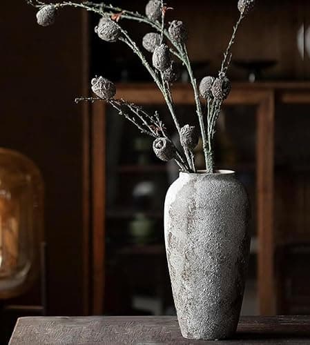 Large Ceramic Rustic Vase for Home Decor, Distressed Pottery Terracotta Clay Flower Vases Decorative Tall for Living Room, Pampas Grass, Table Decoration, Shelf Decor, Mantel, Floor