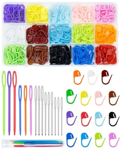 FIVEIZERO 220/900 Pieces Stitch Markers,with 15 Pcs Large Eye Blunt Sewing Needles,Colorful Crochet Stitchs Markers for Knitting Stitch Locking Clips Crochet Pins with Storage Box