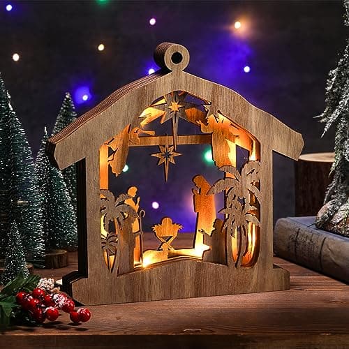 Bucherry Christmas Nativity Scene Set Indoor Wooden Nativity Tabletop Set Christmas Ornament Christian Religious Rustic Decorations with LED Light for Shelves Tables Decorations(Hut)