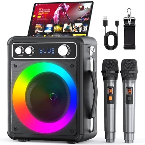 VOSOCO Karaoke Machine, Portable Bluetooth Karaoke Speaker with 2 Wireless Microphones, PA System for Adults Kids with LED Lights & Echo Adjustment, Supports TWS/TF/USB/AUX for Home Party