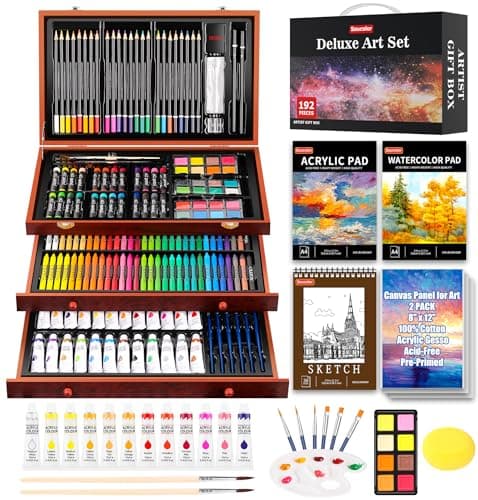 Soucolor Art Supplies, 192-Pack Deluxe Art Set Drawing Painting Supplies Kit with Acrylic Pad, Watercolor Pad, Sketch Book, Canvases, Acrylic Paint, Crayons, Pencils, Gifts for Artist Adults Teen Kids