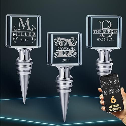 Personalized Crystal Wine Stopper - Custom Engraved Initial, Name & Date - 3D Glass Bottle Stopper with 6 Design Options - Square, Included Gift Box