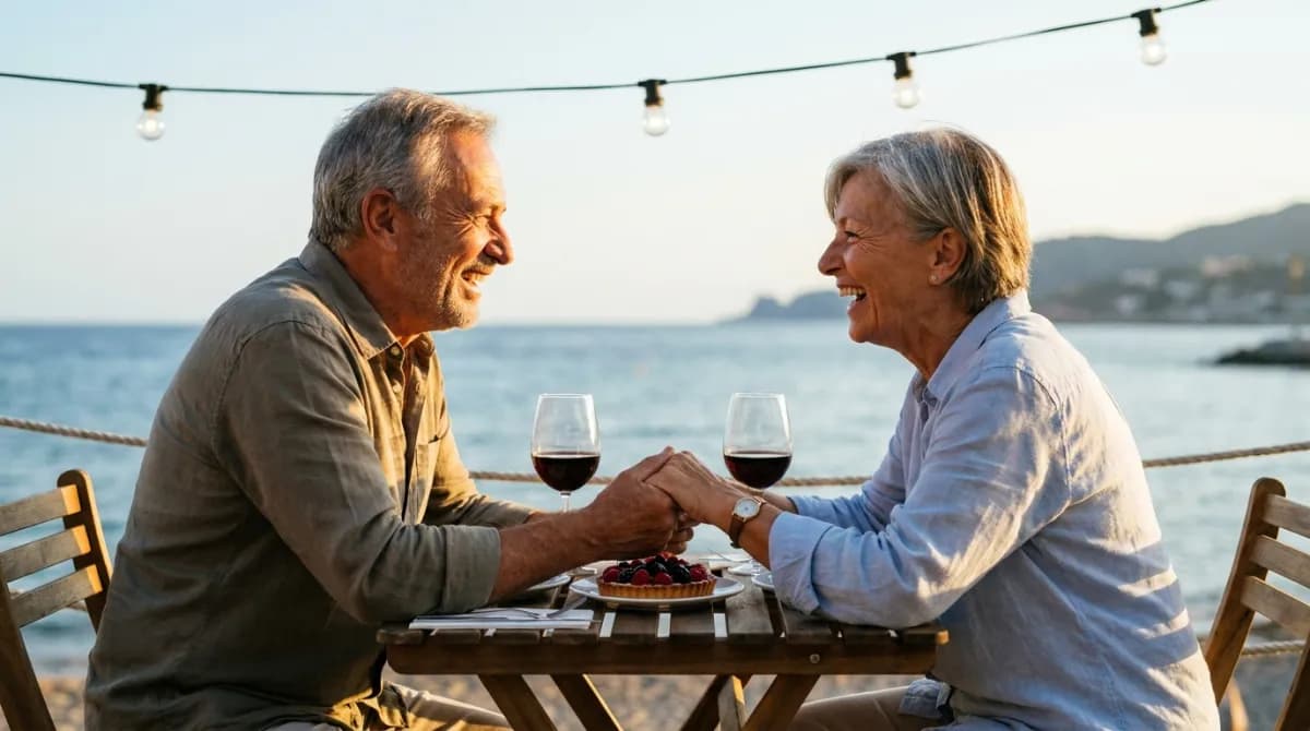An older couple holding hands across a small table at a seaside restaurant terrace at sunset, with wine glasses and string lights