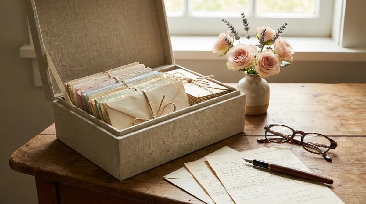 An open linen keepsake box filled with bundles of handwritten letters tied with twine, next to reading glasses, a fountain pen and a small vase of roses