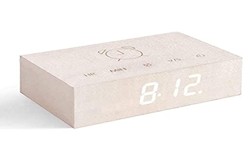 Gingko Flip Click Clock LED Alarm Clock Sound Activated with New Flip Technology, Rechargeable with Laser Engraved Touch Controls in White Maple