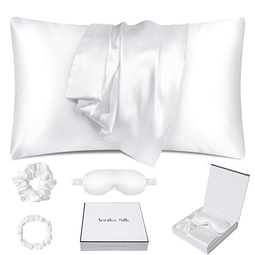 ANNIKA SILK 100% Mulberry Silk Pillow Case for Hair and Skin - 22 Momme 6A Queen Size (20" x 30") Silk Pillow and Sleep Mask Set with Small and Big Hair Tie (White)