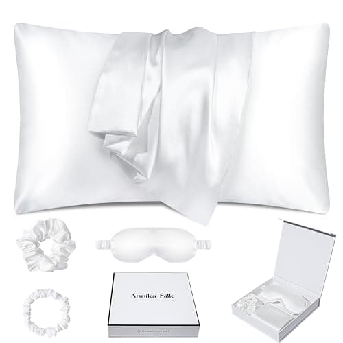 ANNIKA SILK 100% Mulberry Silk Pillow Case for Hair and Skin - 22 Momme 6A Queen Size (20" x 30") Silk Pillow and Sleep Mask Set with Small and Big Hair Tie (White)