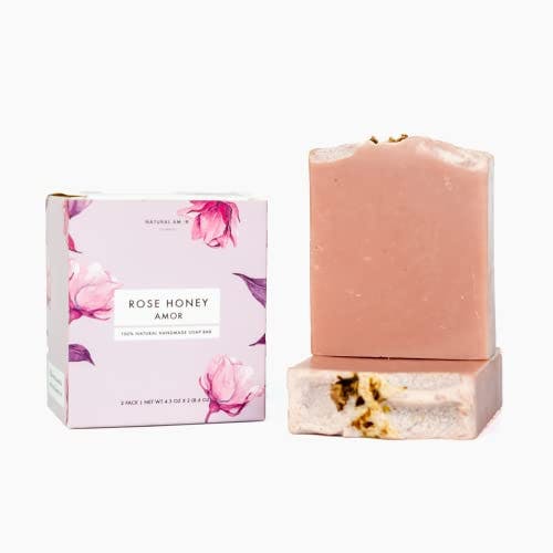 Natural Amor All-Natural Handmade Organic Soap Bar Set, Rose Honey Amor Soap Kit with pure Essential Oils, Gentle Body & Facial Soap for Unisex-adult,Total 8.6 oz, Made in USA, 2 Pack