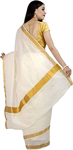 Stylesindia Kerala Kasavu Solid Plain Golden Zari Border Sari With Blouse Piece | Kuthampully Kerala Kasavu Saree Off-White