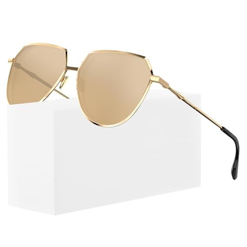 LUENX Aviator Sunglasses Women Men Polarized Shades Polygon Trendy Flat Gold Lenses Fashion Designer Style