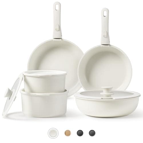 CAROTE Pots and Pans Set Non Stick, Cookware Sets Nonstick, 11pcs Kitchen Set, Oven Safe, Induction Ready, Stackable Non-stick Set with Removable Handle, RV Set with Detachable Handle, Cream White