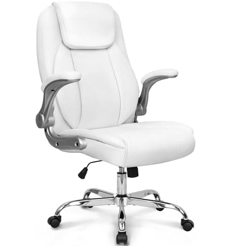 NEO CHAIR Ergonomic Office Desk Gaming Computer Chair Executive High Back Support Flip-up Arms Adjustable Height Swivel Rolling Wheels Comfy PU Leather for Home (White)