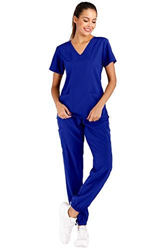 Minty Mint Women's Comfortable Easy to Wear Easy Fit Lightweight Durable Soft Solid Stretch Medical Uniform Scrub Set V Neck Top Cargo Tapered Jogger Pants Royal Blue XL