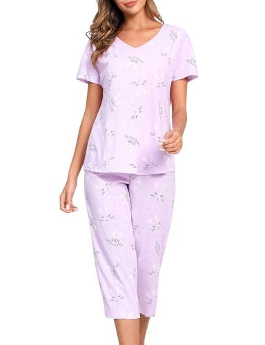 PNAEONG Women Pajama Set Sleepwear Tops with Capri Pants Casual and Fun Prints Pajama Sets Purple Rabbit M