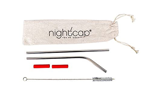 NightCap Straw Kit - The Eco Friendly Complement to Your NightCap with 2 Reusable Stainless Steel Straws, Straw Brush, Carrying Pouch, and 2 Silicone Tips - Ideal Drinking Straws for Home and Travel