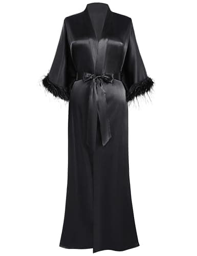 PRODESIGN Satin Kimono Robe Long Silky Bathrobe with Ostrich Feather Trim Sleepwear Wedding Bridesmaid Dressing Gown