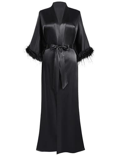 PRODESIGN Satin Kimono Robe Long Silky Bath Robe with Ostrich Feather Trim Sleepwear Wedding Bridesmaid Robe