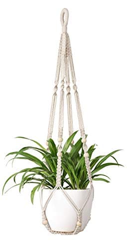 Mkono Macrame Plant Hanger Indoor Hanging Planter Basket with Wood Beads Decorative Flower Pot Holder No Tassels for Indoor Outdoor Boho Home Decor 35 Inch, Ivory, Set of 1 (POTS NOT Included)