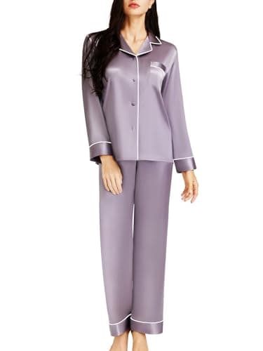 Lonxu Womens Silk Satin Pajamas Set Gray XL