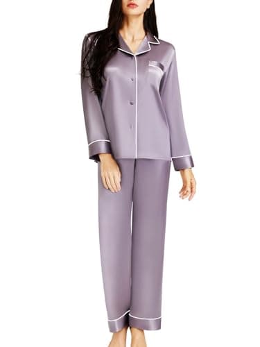 Lonxu Womens Silk Satin Pajamas Set Gray XL