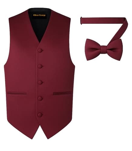 Exclusive Distributor Oliver George 2pc Solid Men's Vest and Bow Tie Set For Men | Men's Tuxedo and Suit Vest For Men | Solid Formal Waistcoat | Wine Red Large