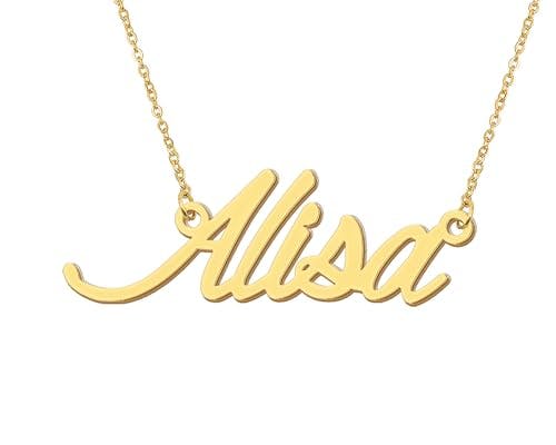 Aoloshow 18k Gold Plated Alisa Dainty Name Necklace Handwritting Name Plate Necklace Womens Stainless Steel Jewelry for Her