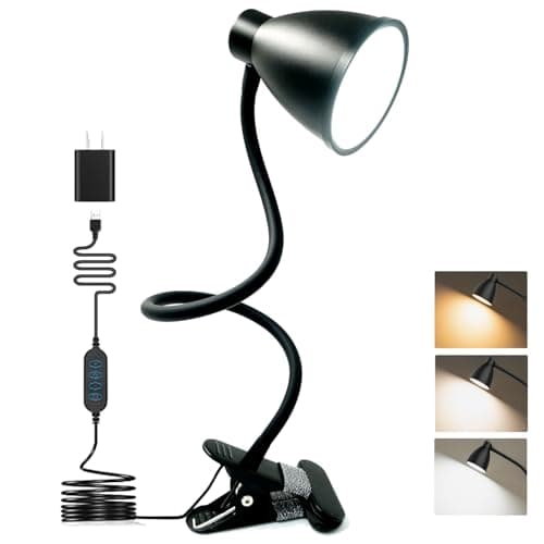 BOHON Desk Lamp 3 Color Modes 10 Brightness Dimmer Reading Light 10W 38 LED Clamp Lamp with Auto Off Timer 360° Flexible Gooseneck Clip on Light for Bed Bedside, AC Adapter Include