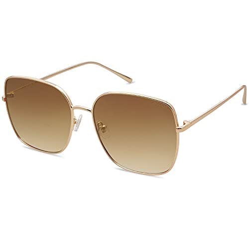 SOJOS Trendy Oversized Square Sunglasses for Women Men Flat Mirrored Lens UV Protection SJ1146 with Bright Gold Metal Frame/Brown Grading Lens