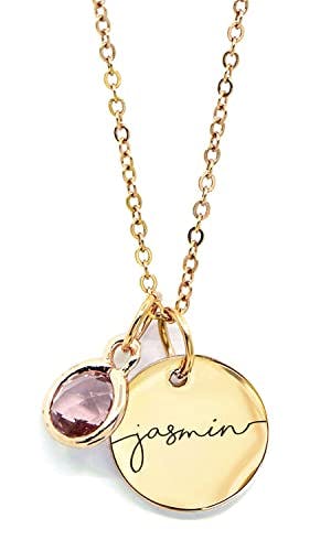 Custom Birthstone Name Necklace Personalized for Women Girls Birthday Gold Plated Gemstone Pendant Jewelry for Mom Engraved Necklace Handmade Customized June Anniversary Grandma -CN-BS-SH