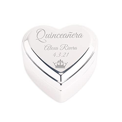 Cherished Moments Personalized Heart Jewelry Keepsake Box with Custom Engraved Message for Quinceanera Gift, Silver Toned