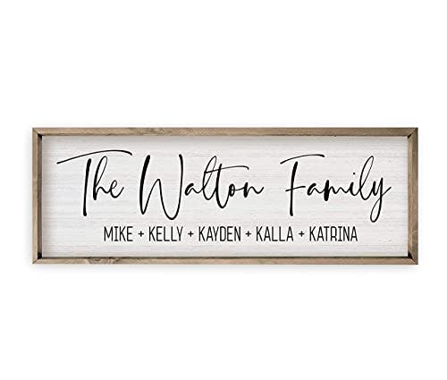 Personalized Framed Wooden Family Name Sign (6" x 18", Weathered Grey Frame, White Background)