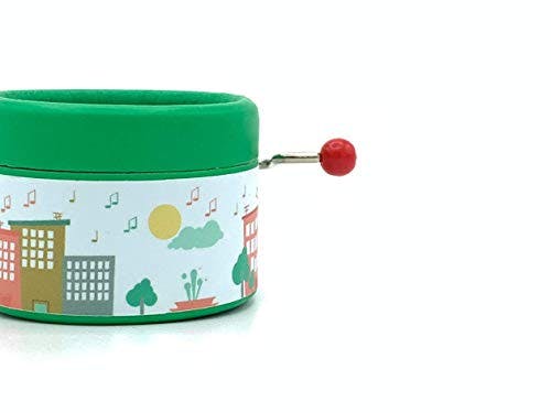 Esdemusica by Rocio Round green manual music box decorated with a music city pattern and the melody My way