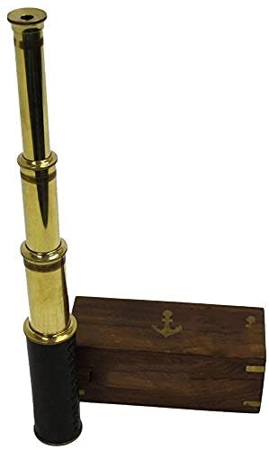 Handheld Functional Vintage Brass Telescope with Wooden Box Gifting Pirate Spyglass for Travellers, Adventure Enthusiasts